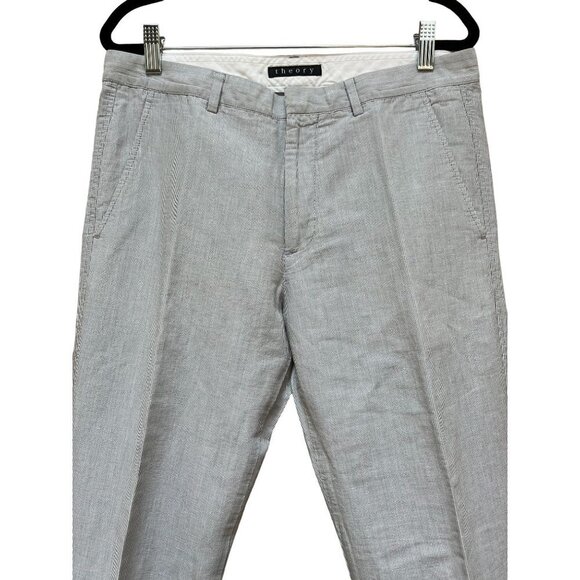 Theory Linen Pinstripe Tapered Leg Pants Mid Rise Blue White Size 31 - Picture 3 of 9